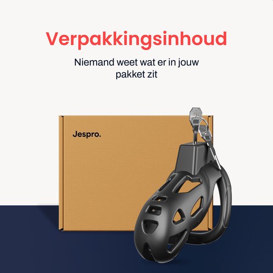 Zwarte kuisheidskooi naast een bruine kartonnen doos van 'Jespro'. Tekst: 'Verpakkingsinhoud'.