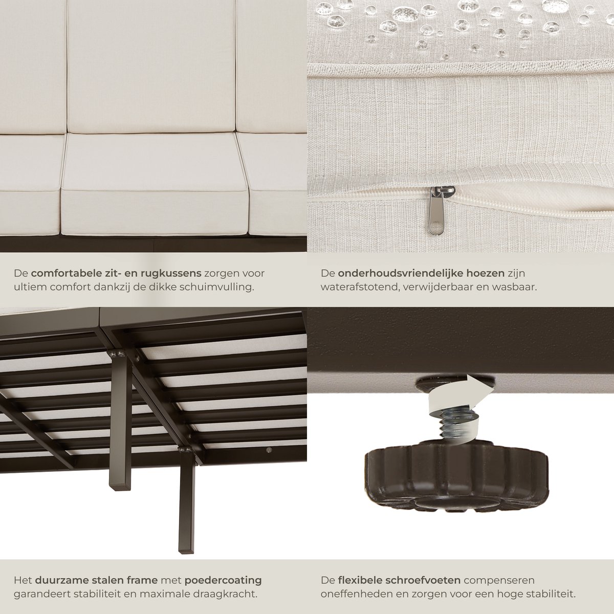 tectake® Tuinset Comosa - Loungeset voor 5 personen - Tuinbank - Loungebank en Twee Loungestoelen - Tuinstoelen met Waterafstotende en Ultradikke Kussens - Draagkracht 117 kg per Zitplaats - Bruin/Beige – foto 4
