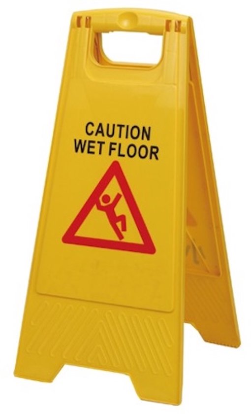 Triangle de signalisation jaune pliable avec le texte "CAUTION WET FLOOR" et un pictogramme d'une personne qui tombe.