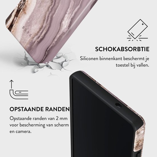 Een telefoonhoesje met paarse marmerprint met de tekst 'schokabsorptie' en 'opstaande randen'.