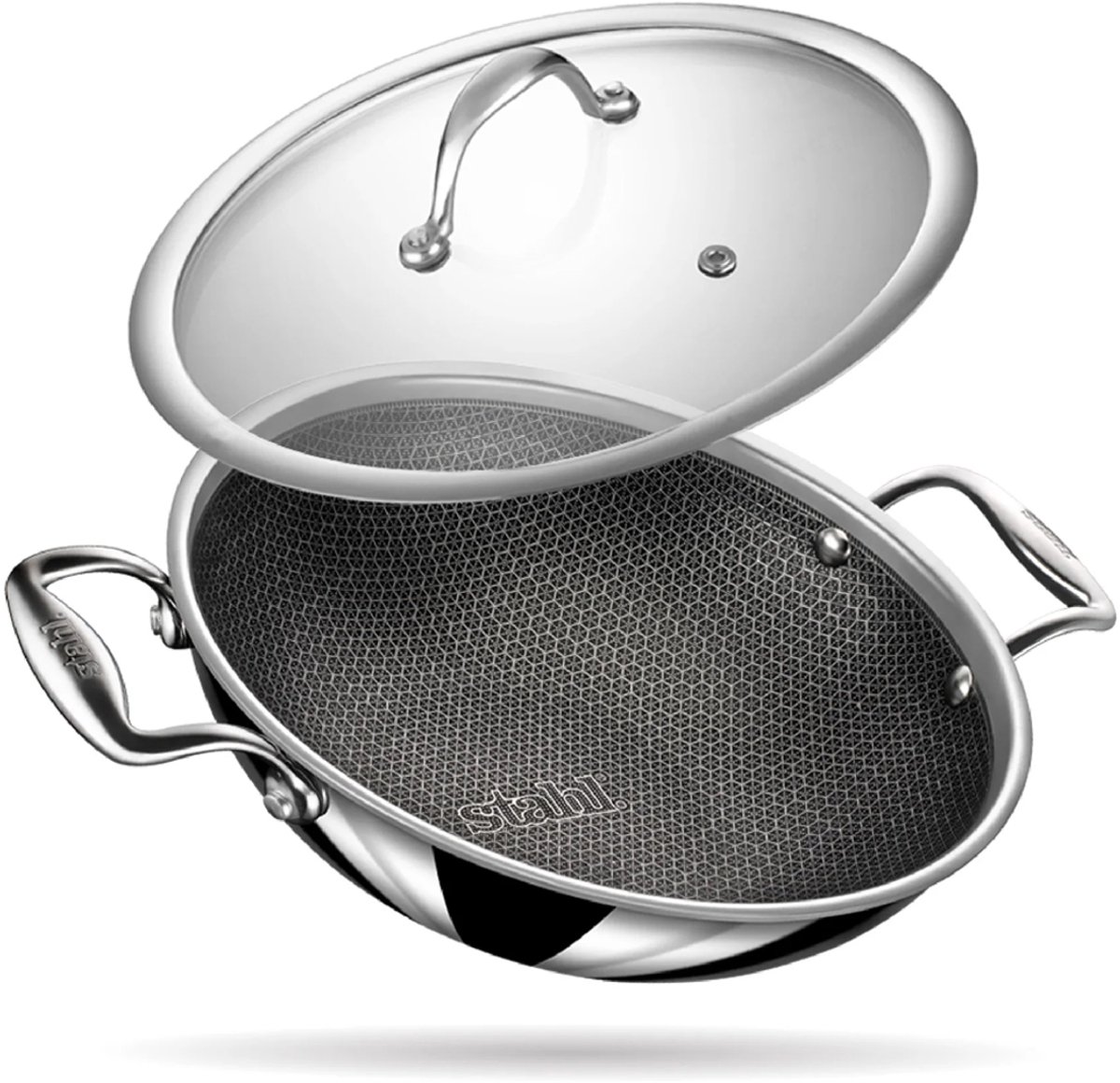 Stahl - Triply Wokpan - Hexagon Anti Aanbaklaag - Met Glazen Deksel - 24 cm - Geschikt voor Inductie & Alle Warmtebronnen - Voor 3-4 Personen - Pan & Kookpan - RVS