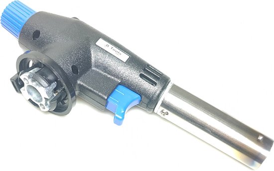 Zwarte gasbrander met blauwe knop en metalen mondstuk.