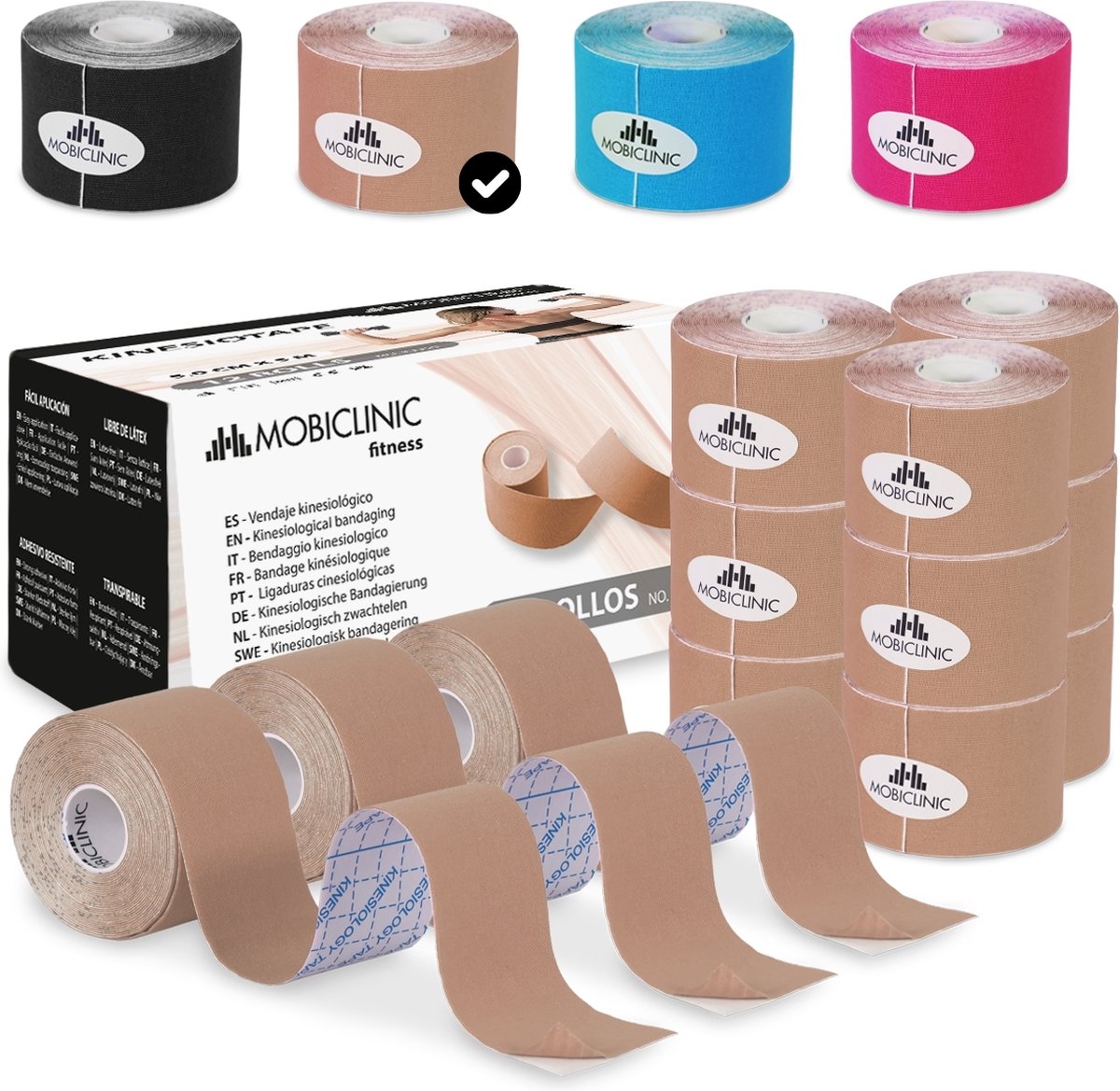 Mobiclinic - Kinesiotape - Mobitape - Display - 12 Stuks - 5cm x 5m - Waterproof - Kinesiologie Tape - Neuromusculair verband