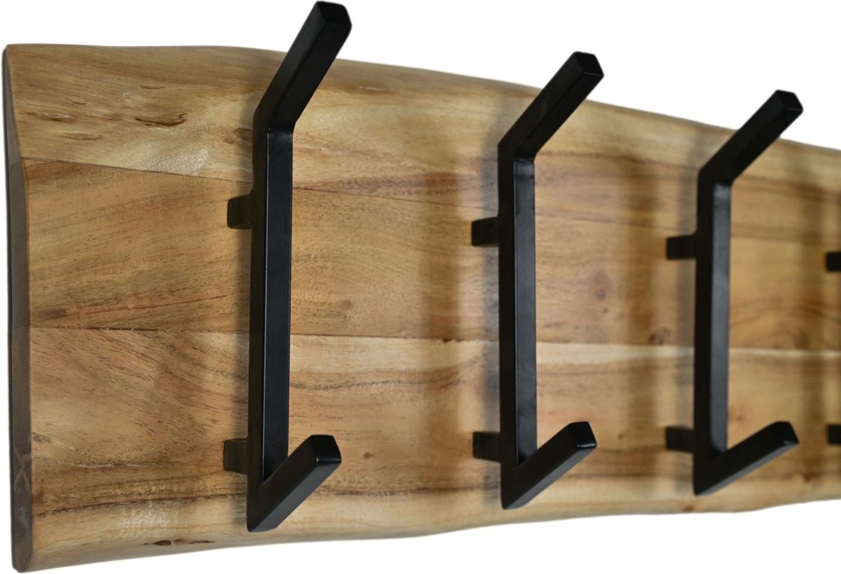 HSM Collection-Wandkapstok 6 Haken-100x10x25-Naturel/Zwart-Acacia/Metaal