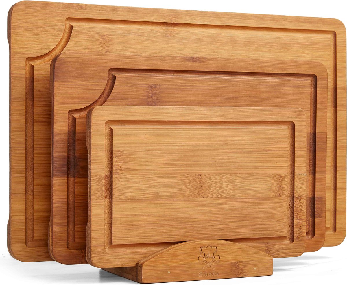 Bikolo® Snijplankenset Met Houder 3-Delig - Snijplank Hout - Borrelplank - Serveerplank - Tapasplank - Bamboe