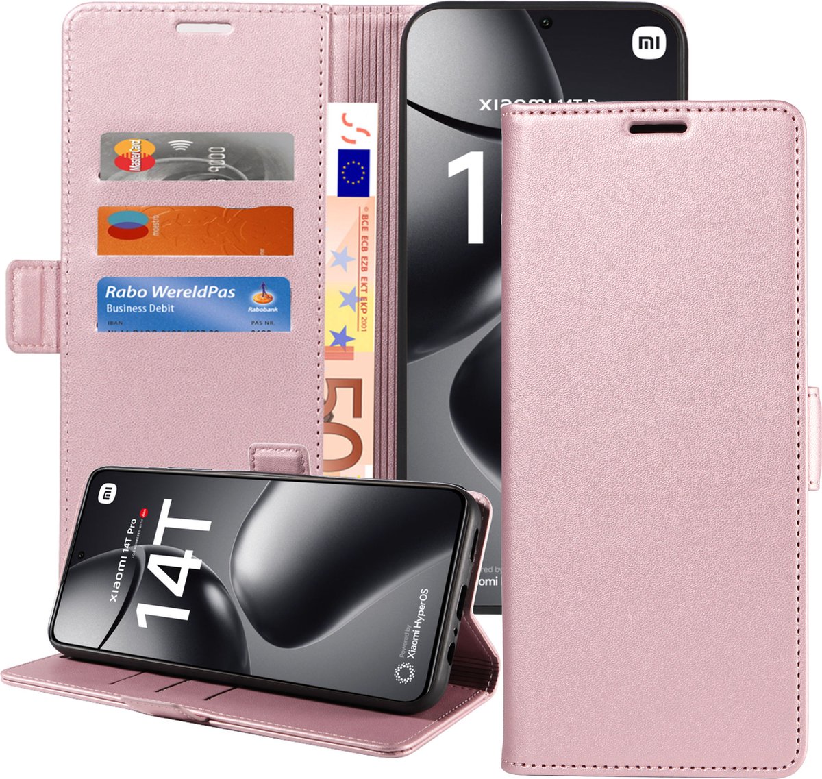 Geschikt voor Xiaomi 14T Hoesje - Book Case Hoesje - Magnetische Sluiting - Portemonnee Rose