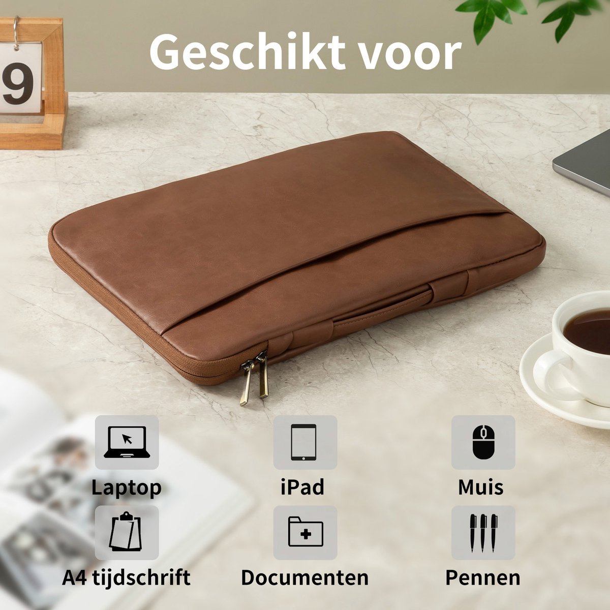 Leren laptopsleeve 13,3 inch bruin spatwaterdicht met schuimhoes, ritssluiting en buitenvak voor MacBook - Afbeelding 5