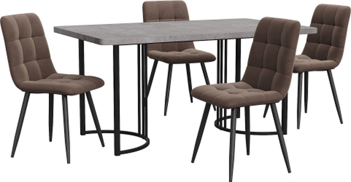 Gotagee Eetset (5-delig) Eettafel met 4 stoelen set Bruin Fluweel Eetkamerstoelen Keukentafelset met Zwarte metalen poten MDF tafelblad in grijs