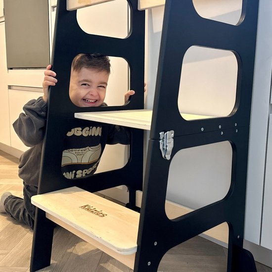 WECO Montessori Leertoren Voor Kinderen, 3 In 1 Strepen, Design Met Glijbaan En Opstapkruk Fsc Certificaat Bureau Meubels Keukenhulp Inklapbaar Stijlvol Wit 658707898
