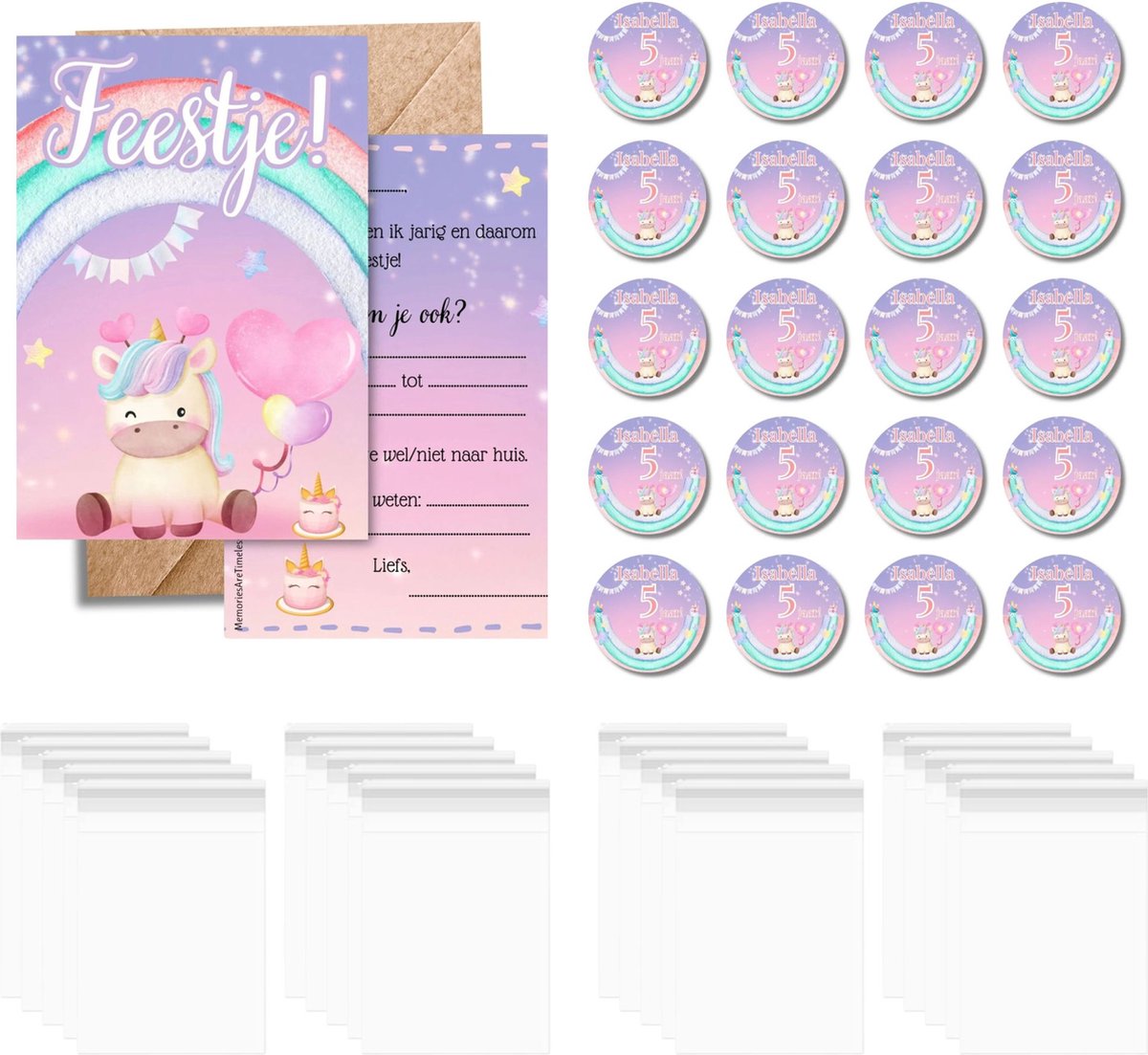 Unicorn Traktatie Uitdeelset - 6 Uitnodigingen - 20 Gepersonaliseerde Stickers & 20 Cellofaan Zakjes - Met Envelopppen