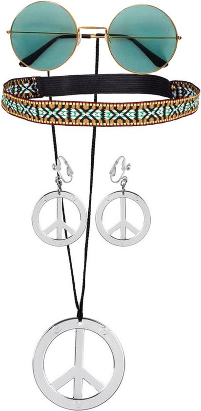 WILLBOND 4-delige accessoireset voor hippie-kostuums uit de jaren '70 voor dames, zonnebril, hippie, oorbellen, halsketting, vredesteken, boho-hoofdband voor Halloween, carnaval