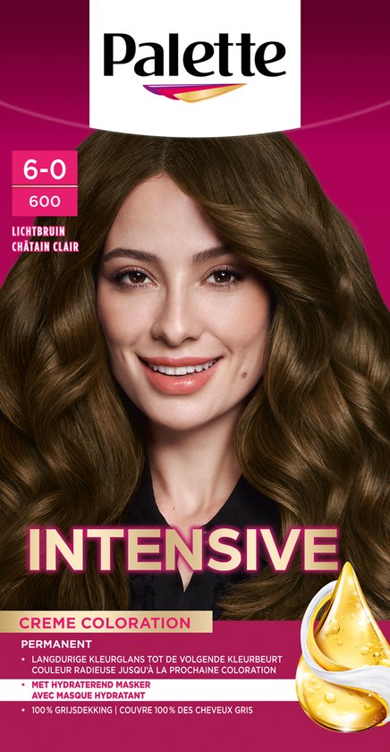 Palette Intensive haarverf 6-0 600 Lichtbruin met model, langdurige kleurglans, hydraterend masker, 100% grijsdekking.