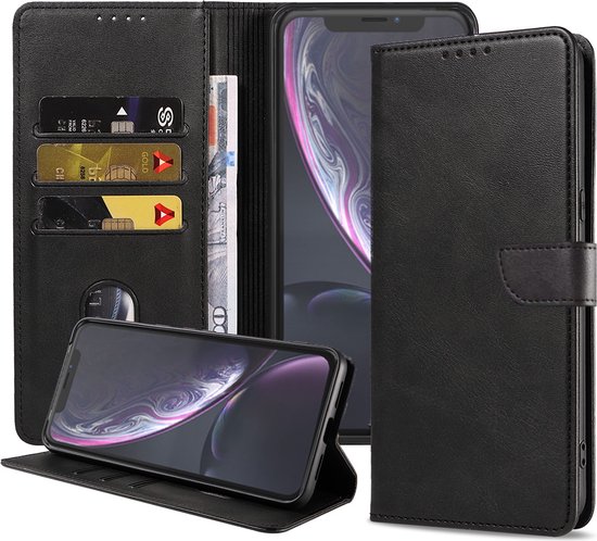 Coque iPhone Xr en Cuir Zwart - Etui à Rabat en Cuir de Luxe pour iPhone Xr Zwart - Etui à Rabat en Cuir Zwart avec Porte-Cartes pour iPhone Bookcase - Smartphonica