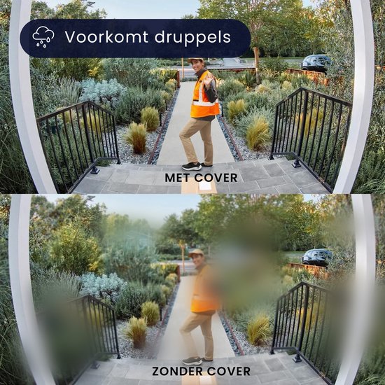 Beeld met Eufy deurbelcover is helder, beeld zonder cover is wazig door regen.