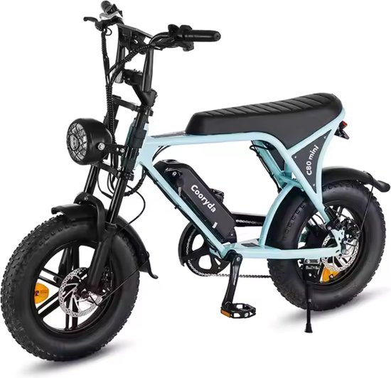 OUXI C80 Mini Elektrische Fatbike - Ingebouwd Alarmsysteem - Gratis Voetsteuntjes - 16 Inch - 250W Motor - 7 Versnellingen - 50 km Actieradius - Mechanische Schijfremmen - Lichtblauw