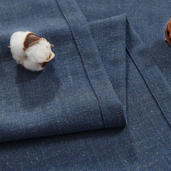 TOPICK Set van 2, H 60 x B 65 (cm) Gestreepte vitrage, linnen gordijnen met strepen, keukengordijn, ondoorzichtig, kort, keukengordijnen voor keuken, eetkamer, badkamer, blauw op beige