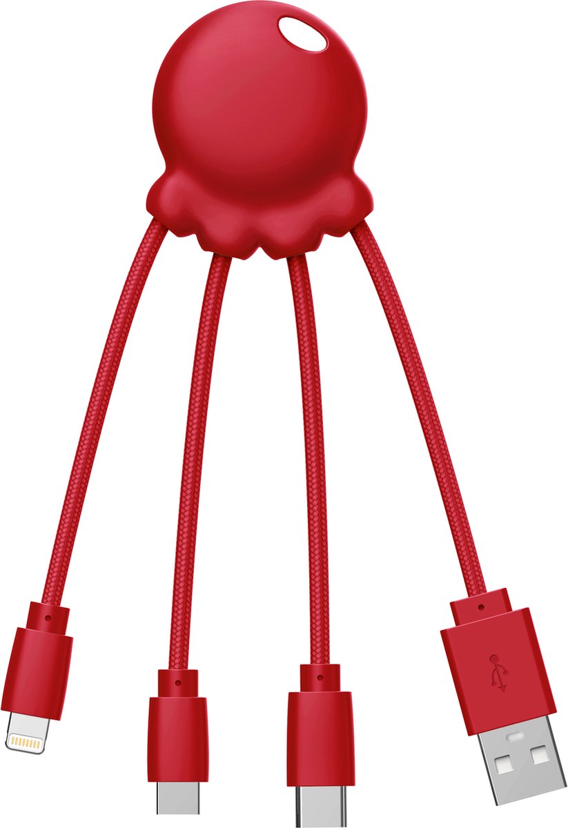 Xoopar - OCTOPUS Recycled - Multi kabel Rood - USB - USB-C - micro-USB - multi-connector kabel