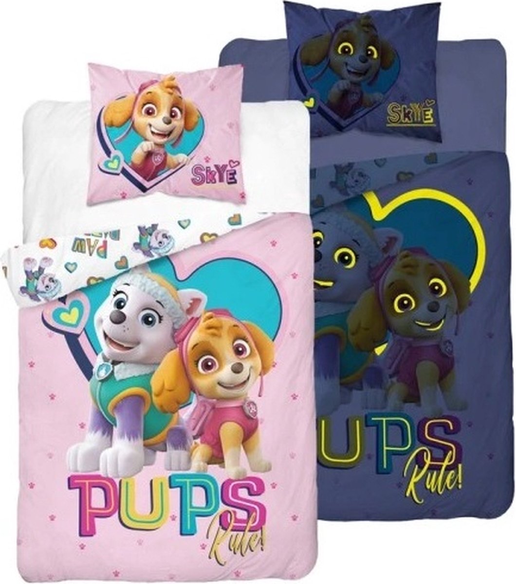 PAW Patrol Glow in the dark Paw Patrol dekbedovertrek - Pups rules - katoen - eenpersoons - 140x200 + 70x80 cm Roze