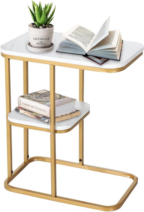 Bijzettafel C-vorm Rolbare Trolley Serveerauto Naast Tafel Bedtafel Metalen Zwart Walnut Gemengd 51 X 36 X 65 Cm