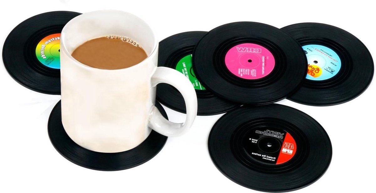Set van 6 vinyl platen onderzetters - retro muziek - 10,5 cm - vinyl