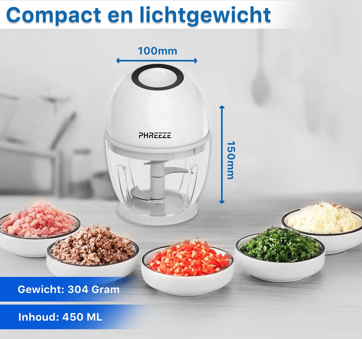 Mini Foodprocessor - 450ML - Elektrische Hakmolens - USB-C Oplaadbaar - Kleine Blender - Keukenmachine - Portable Chopper - Hakmolen Elektrisch - Babyvoeding Groente Smoothie Snijder thumbnail 6