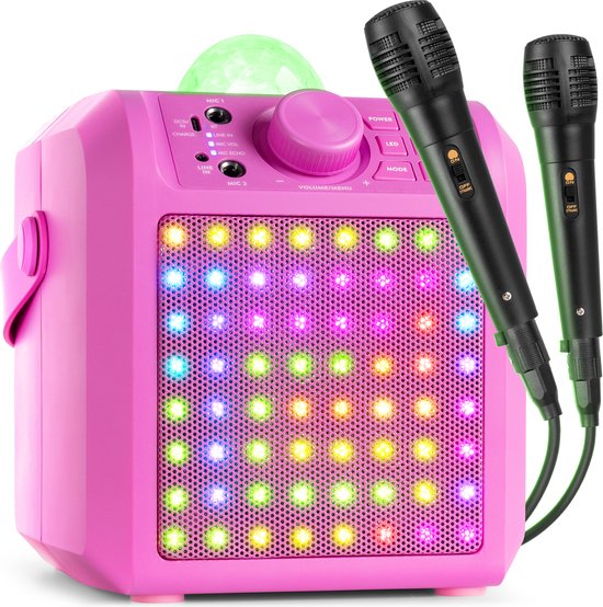Enceinte karaoké rose avec boule disco, panneau LED lumineux et deux microphones noirs.