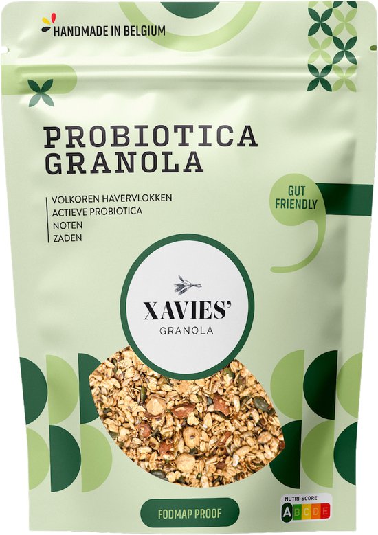 Xavies Probiotica Granola verpakking met 'Gut Friendly' en 'Fodmap Proof' logo's.