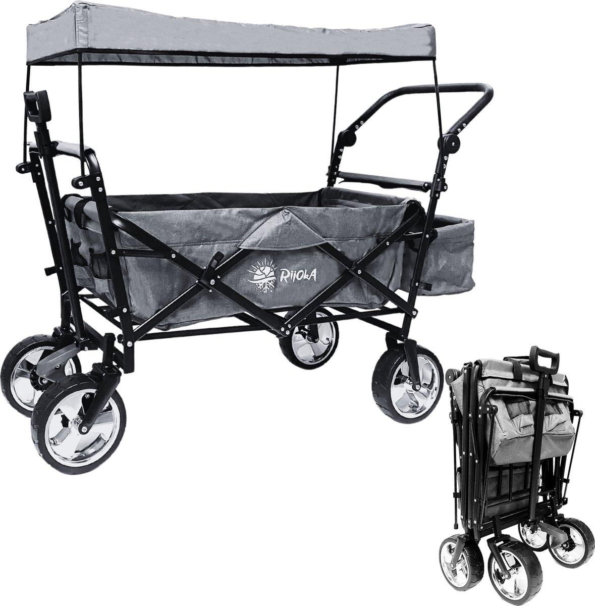 Bol.com Rijoka Luxe Bolderkar - Opvouwbaar - Dakje en Draagtas - 100kg Draagkracht - Bolderwagen - Jeans Grijs aanbieding