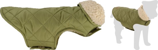 Groene, gewatteerde hondenjas met teddyvoering, getoond naast een silhouet van een hond.