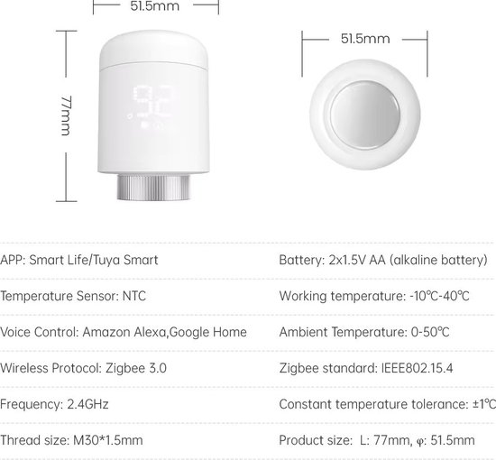 Oppio Smart WiFi-Thermostaatknop met App functie - Kleur Wit