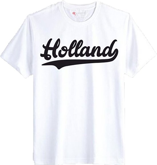Witte T-shirt met zwarte "Holland" tekst in script lettertype.