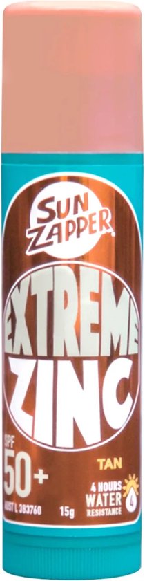 Bronzen zinkstick met SPF 50+, 'Sun Zapper' en 'Extreme Zinc Tan'.