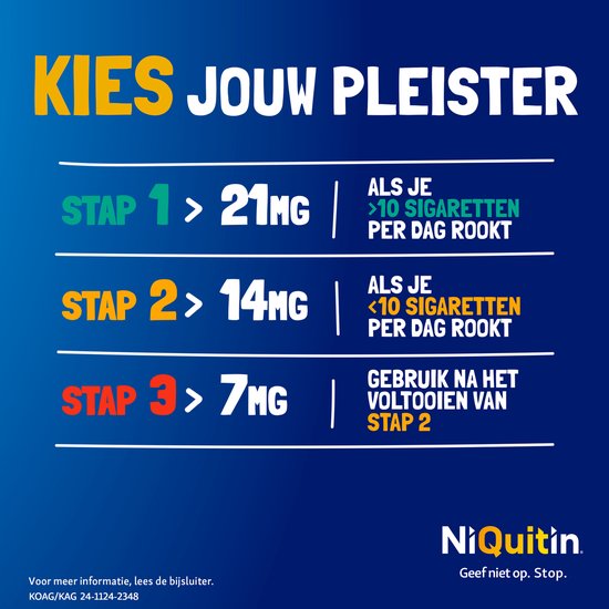Kies uw pleister: Stap 1 (21mg) voor >10 sigaretten per dag, Stap 2 (14mg) voor <10 sigaretten per dag, Stap 3 (7mg) na voltooien stap 2.