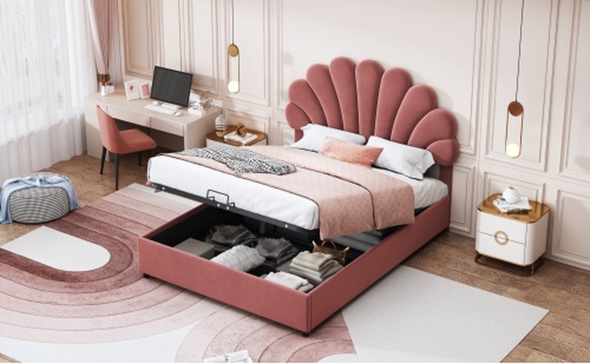 Gestoffeerd bed 140 x 200 cm, met gebloemd hoofdbord en lattenbodem, met in hoogte verstelbaar hoofdbord en hydraulische opbergruimte, tweepersoons juniorbed, huidvriendelijke fluwelen stof, roze