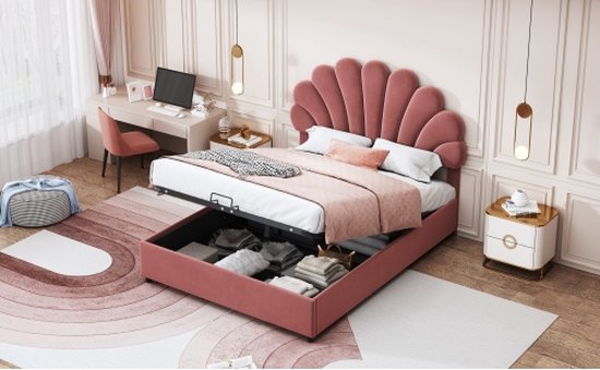 Fluwelen opbergbed met lattenbodem verstelbaar hoofdeinde - 140x200cm