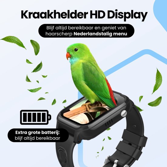 Zwarte smartwatch met een helder HD display. Een groene parkiet zit op de smartwatch. Batterij icoon.