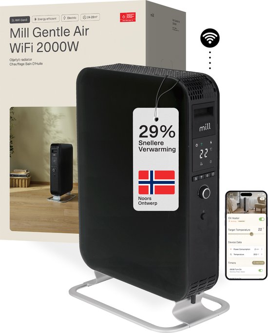 Mill OIL2000WIFI3 Black - WiFi olieradiator - met App - 2000 Watt- tot 28m2 - elektrische kachel - energie efficiënte kachel - ontworpen in Noorwegen - 29% sneller warmte - stil - veilig - oliegevulde radiator - vrijstaand