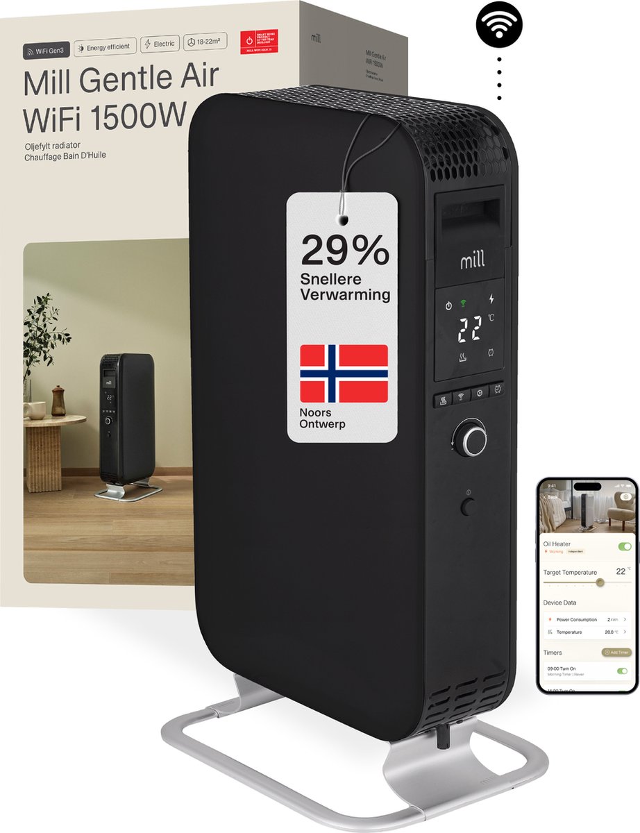 Mill OIL1500WIFI3 Black - WiFi-geĂŻntegreerde design olieradiator - 1500 Watt - droogt de lucht niet uit - tot 24m2 - zwart