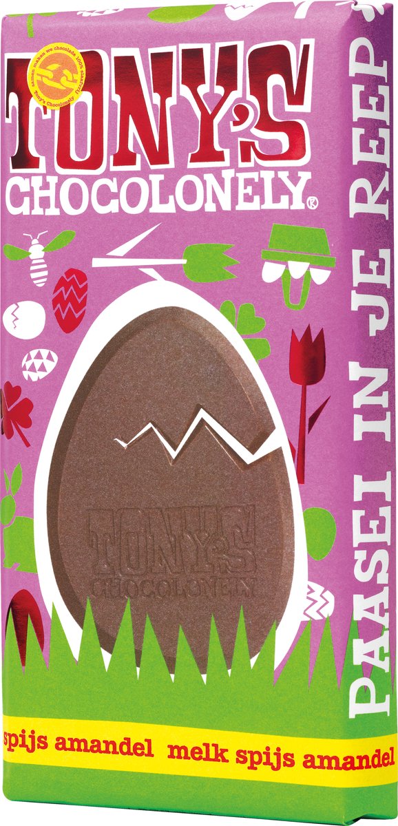 Tony's Chocolonely Melk Chocolade Reep Pasen - Spijs Nootjes Amandel - Paas Cadeau - Paascadeautjes voor Kinderen - Fairtrade Choclade - 180 gram