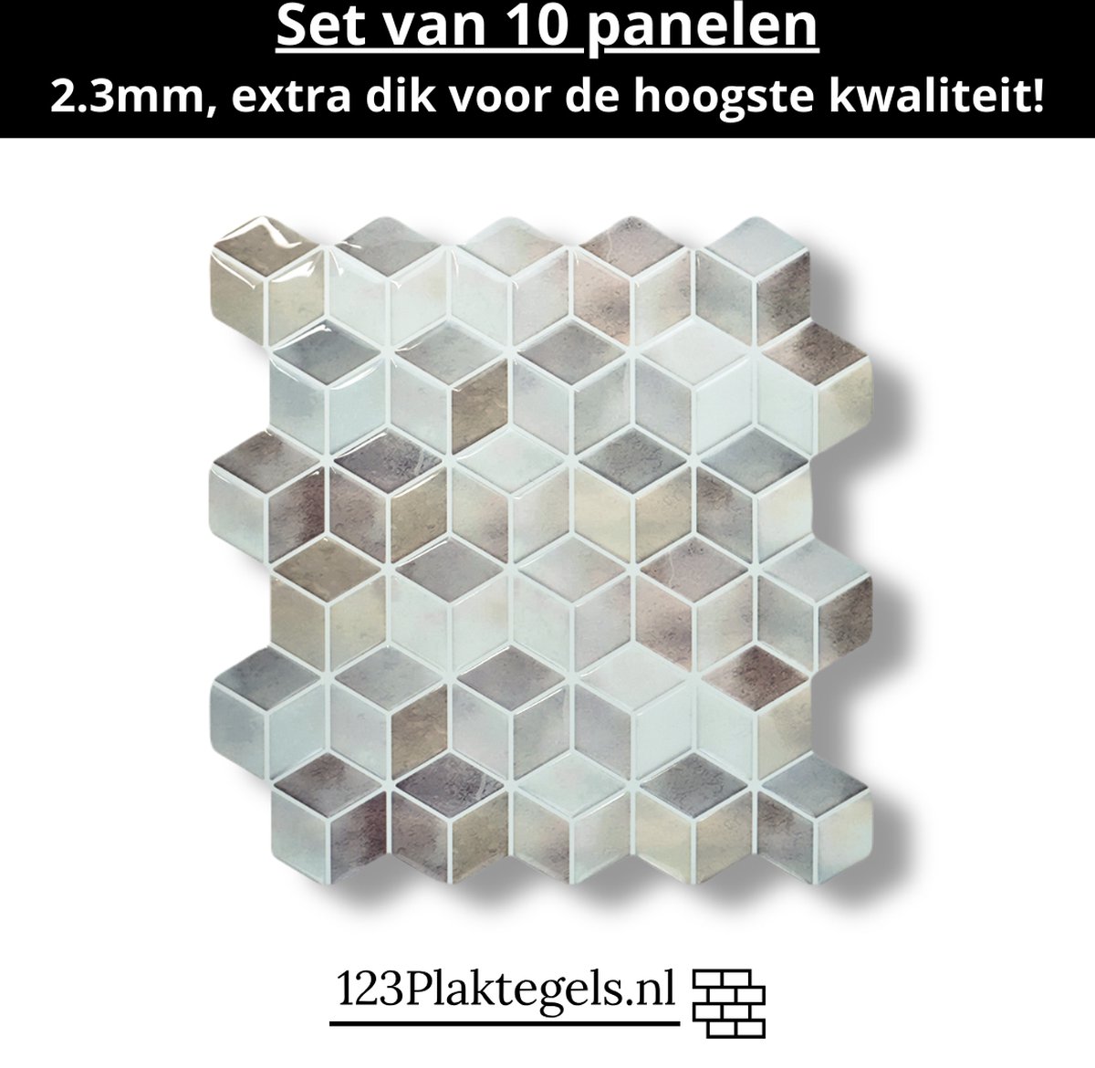 123plaktegels - 10 stuks - wandpanelen zelfklevende tegels wandpanelen tegelstickers keuken badkamer - PVC - zelfklevend - 30.5 x 30.5 cm - plaktegel Cubique vision