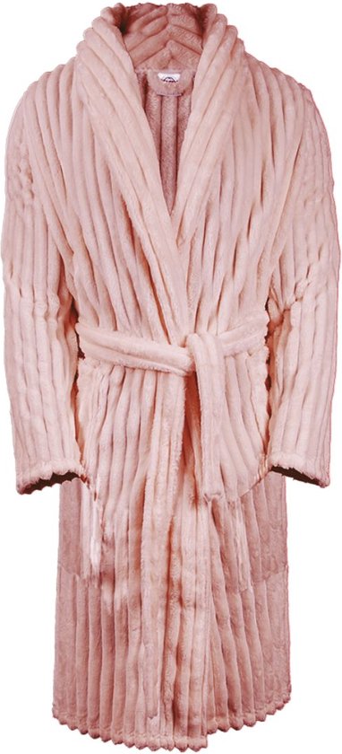 Badjas rib - badjas geribbelde teddy stof – Badjas Dames - Sjaalkraag – fleece - fluweelzacht – extreme luxe - Blush roze - XL/XXL