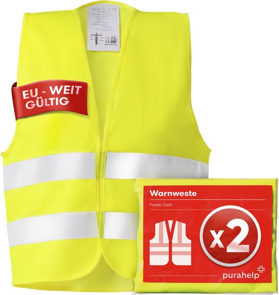 Foto: Purahelp hoge fluo hesje volwassenen set van 2 fluo hesje geldig in heel europa volgens en iso 20471 veiligheidshesjes voor auto veiligheidsvest auto geel