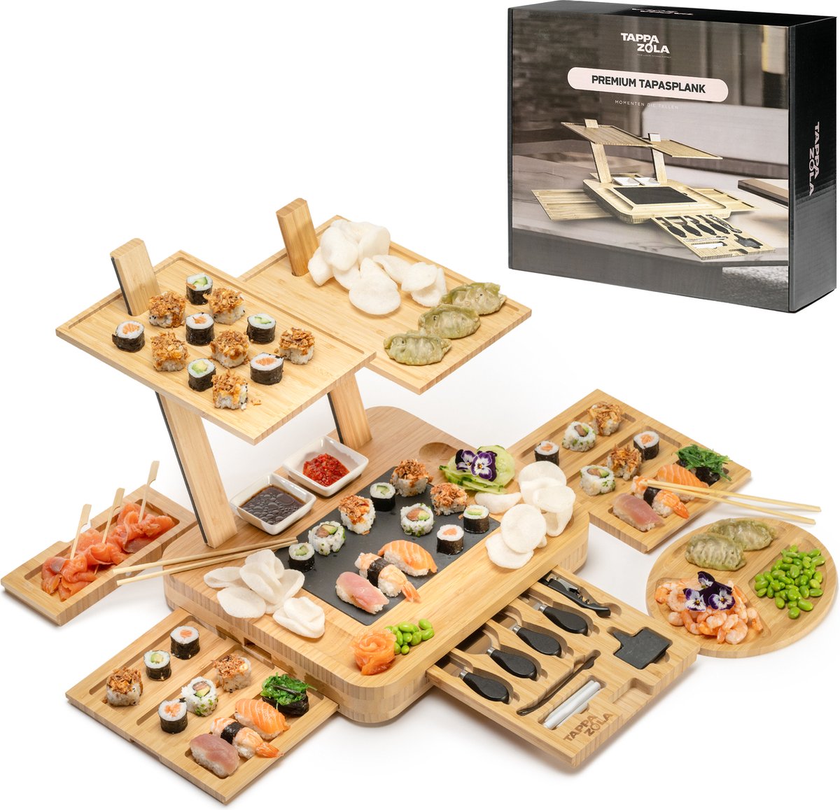 Tappazola Borrelplank - Tapasplank Bamboe - Kaasplank - Bowls and Dishes - Luxe Etagere met Uitschuifbare Lades - Serveerschaal - 40 x 30 x 41 cm