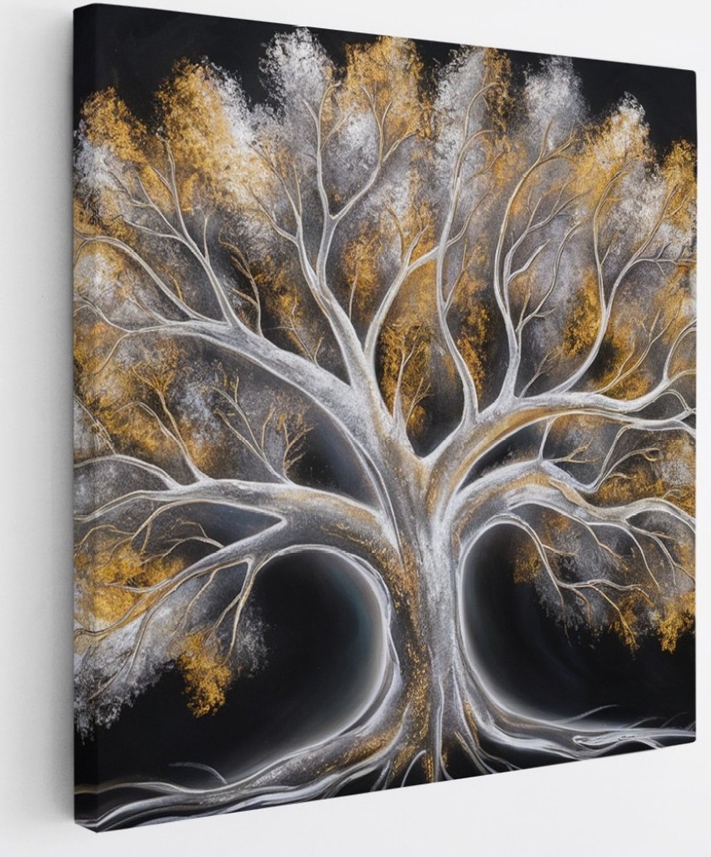 Saammp Canvas Schilderij - Goud zilvere boom - Abstract - 100x100 - Foto op canvas - Wanddecoratie - Muurdecoratie Woonkamer - Slaapkamer decoratie - Canvas Print Multicolor