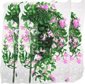 Drie kunstplanten met roze bloemen en groene bladeren, verpakt in doorzichtig plastic.