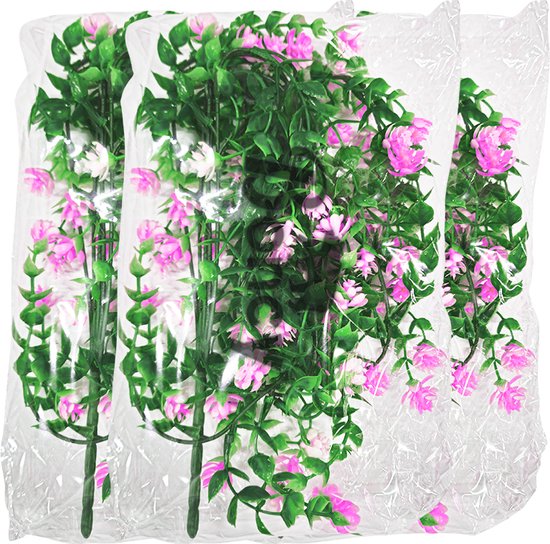 Drie kunstplanten met roze bloemen en groene bladeren, verpakt in doorzichtig plastic.