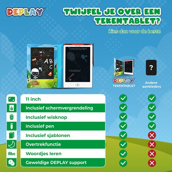 Vergelijking van Deplay tekentablet met andere aanbieders. Functies van de tekentablet worden getoond.