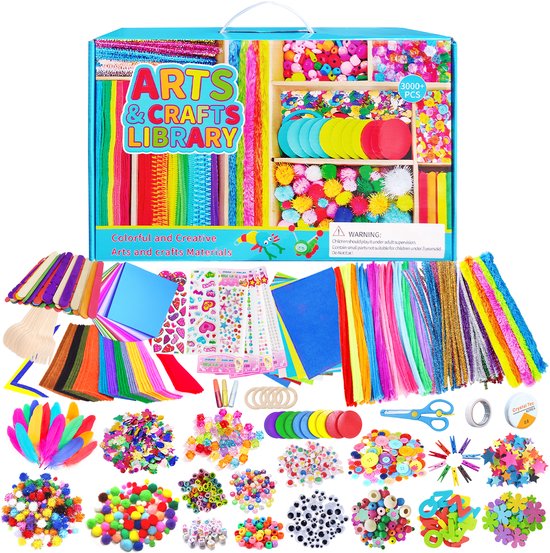 Meedeer Kit d'artisanat pour enfants – Plus de 600 pièces créatives – Kit de bricolage – Valise d'artisanat – Artisanat pour Enfants– Accessoires d'artisanat – Yeux mobiles – Plumes – Scrapbooking – Cure-pipes – Pompons – Perles – Cadeau pour enfants