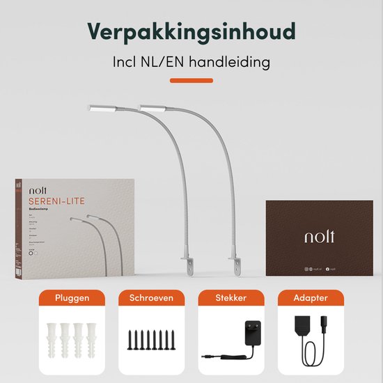 Verpakking met twee Nolt leeslampjes en toebehoren: pluggen, schroeven, stekker, adapter.