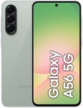Groene Samsung Galaxy A56 5G met drie camera's op de achterkant. De voorkant toont 'Galaxy A56 5G'.